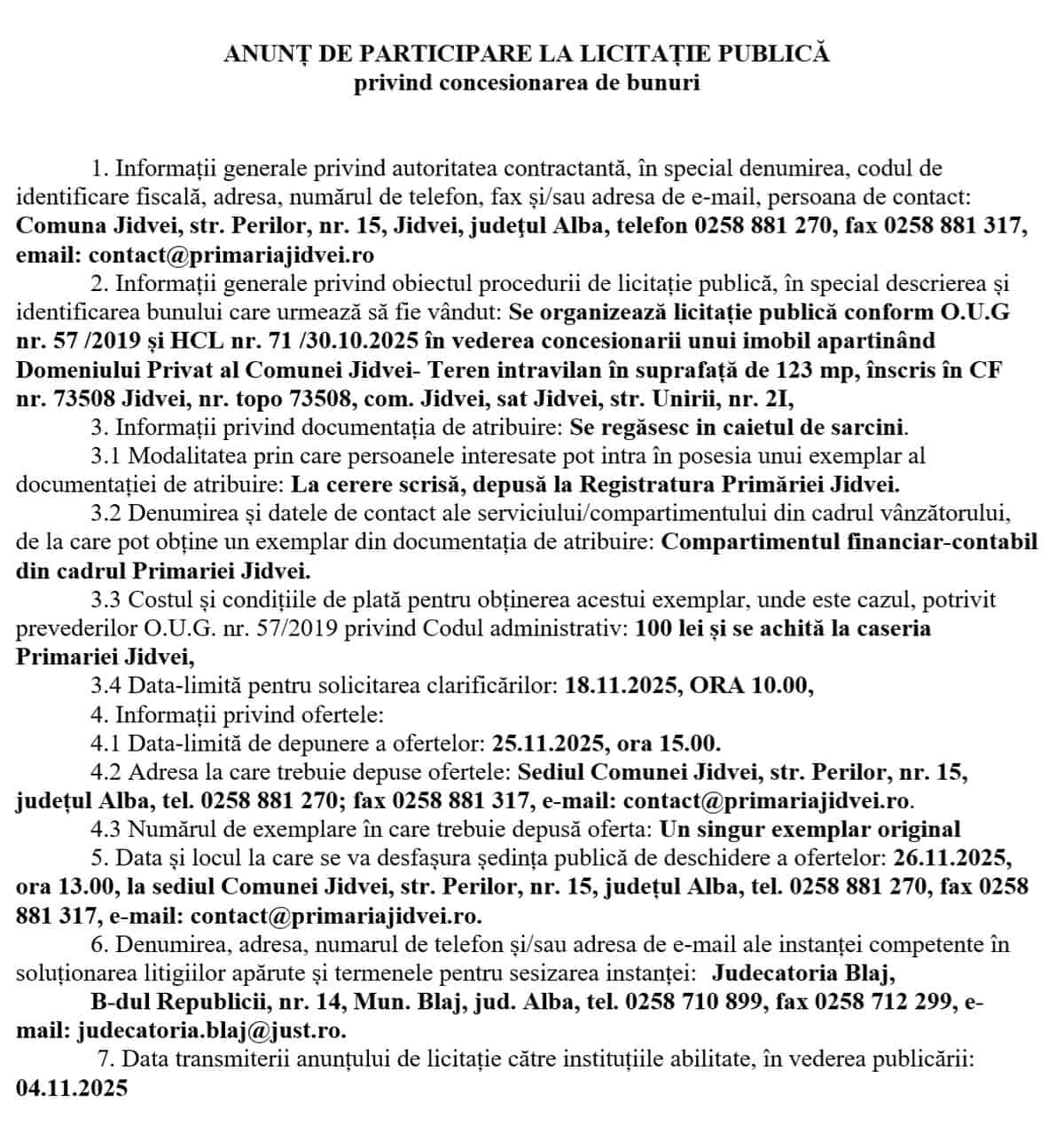 ANUNT COMUNA JIDVEI Primaria Jidvei licitatie