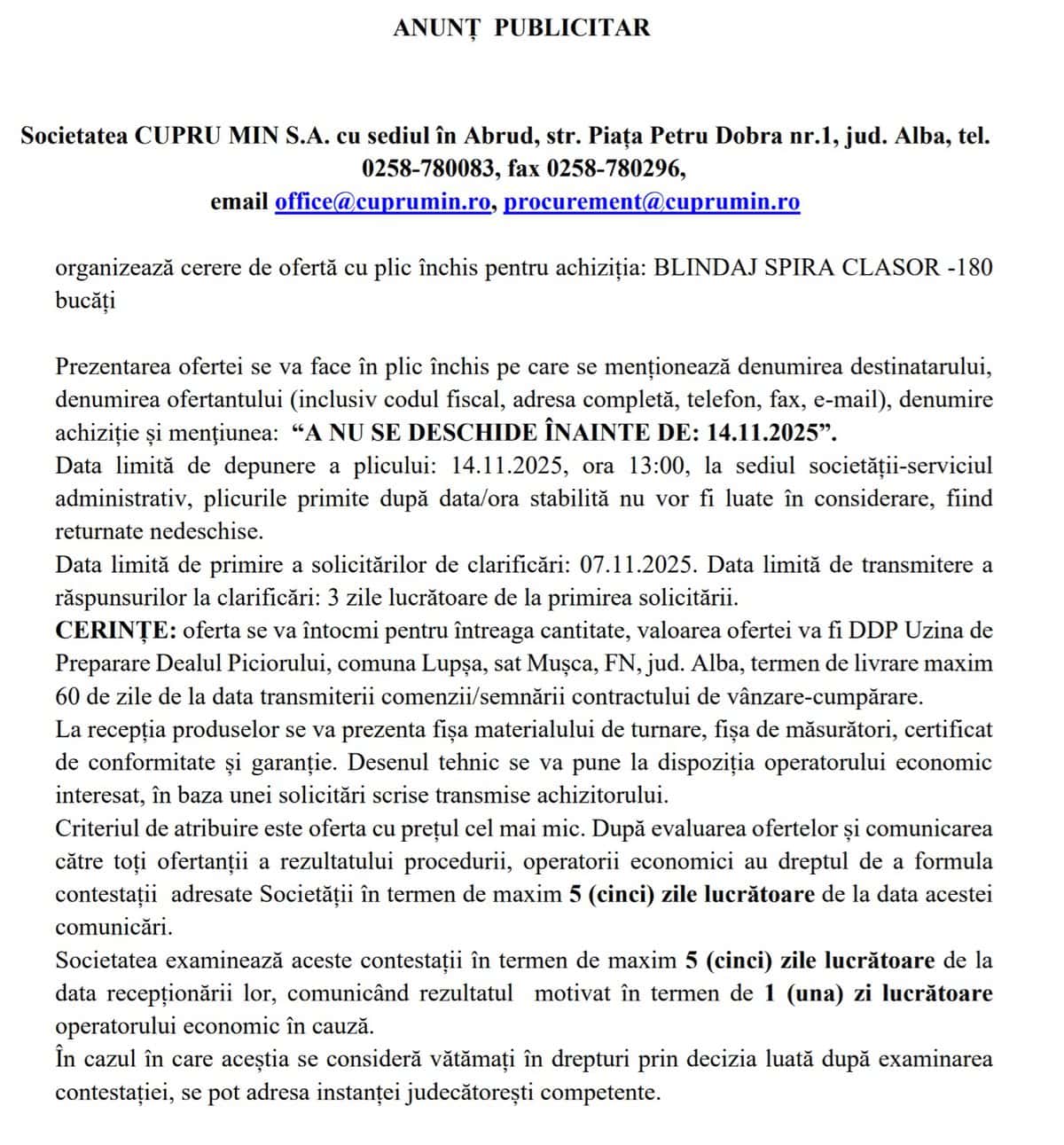 CUPRU MIN SA ABRUD cerere de oferta