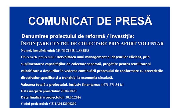 COMUNICAT PRIMARIA SEBES infiintare centru de colectare