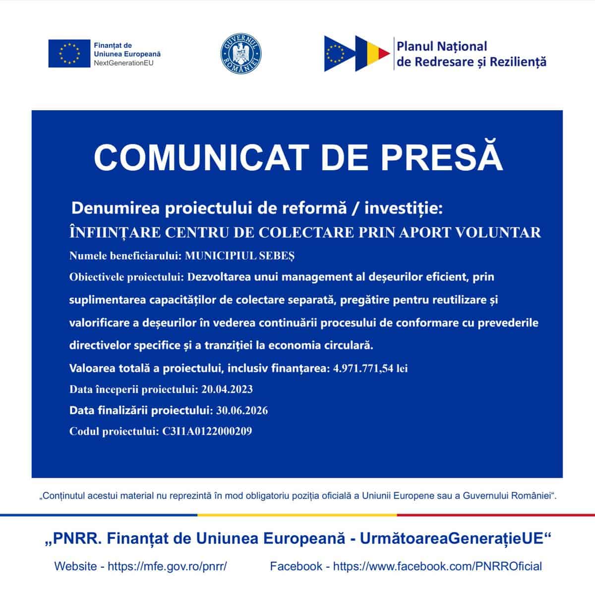 COMUNICAT PRIMARIA SEBES infiintare centru de colectare