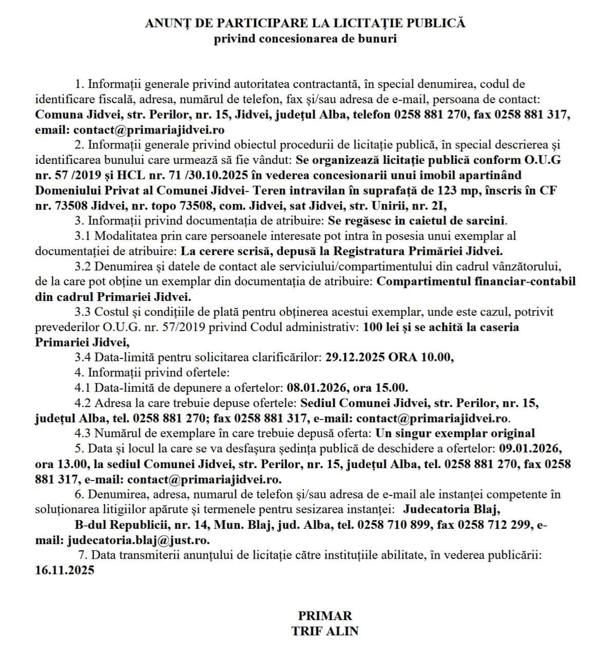 ANUNT LICITATIE PRIMARIA JIDVEI