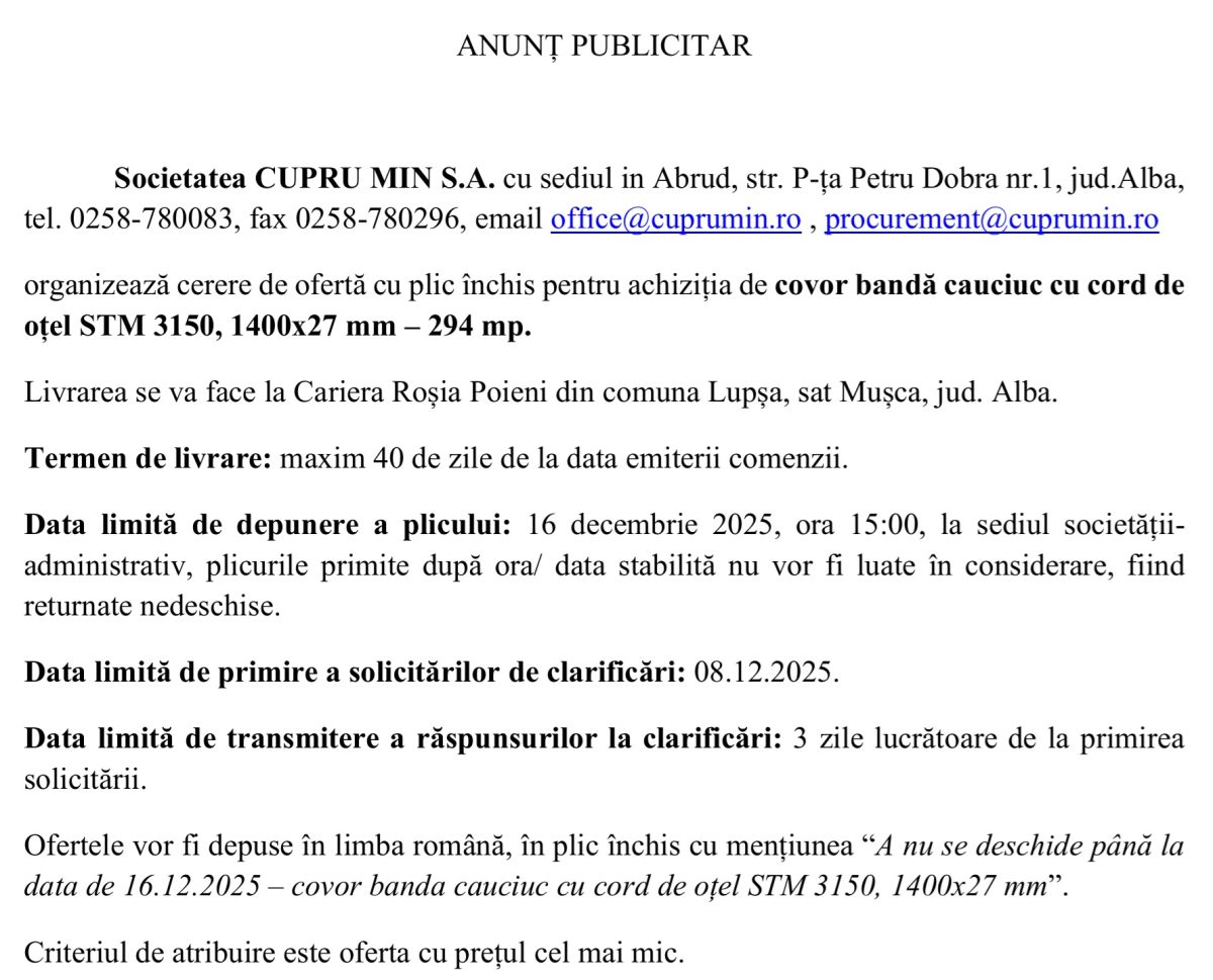 Cupru Min SA Abrud anunt publicitar
