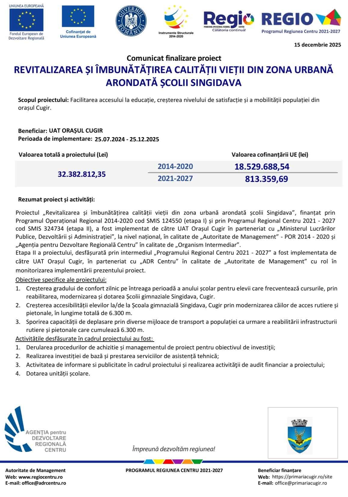 comunicat finalizare proiect scoala Singidava