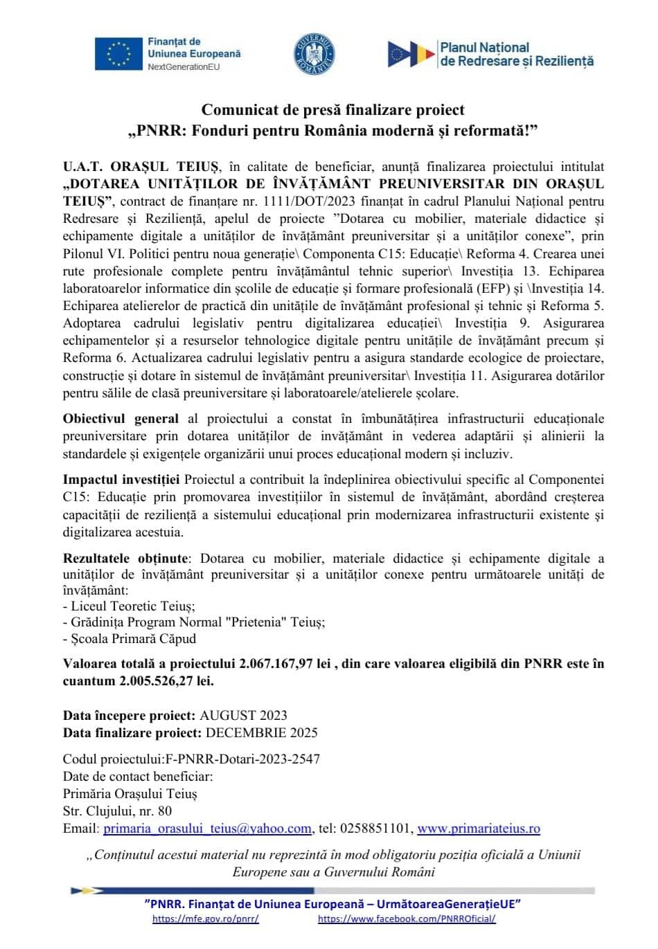 COMUNICAT FINALIZARE PROIECT