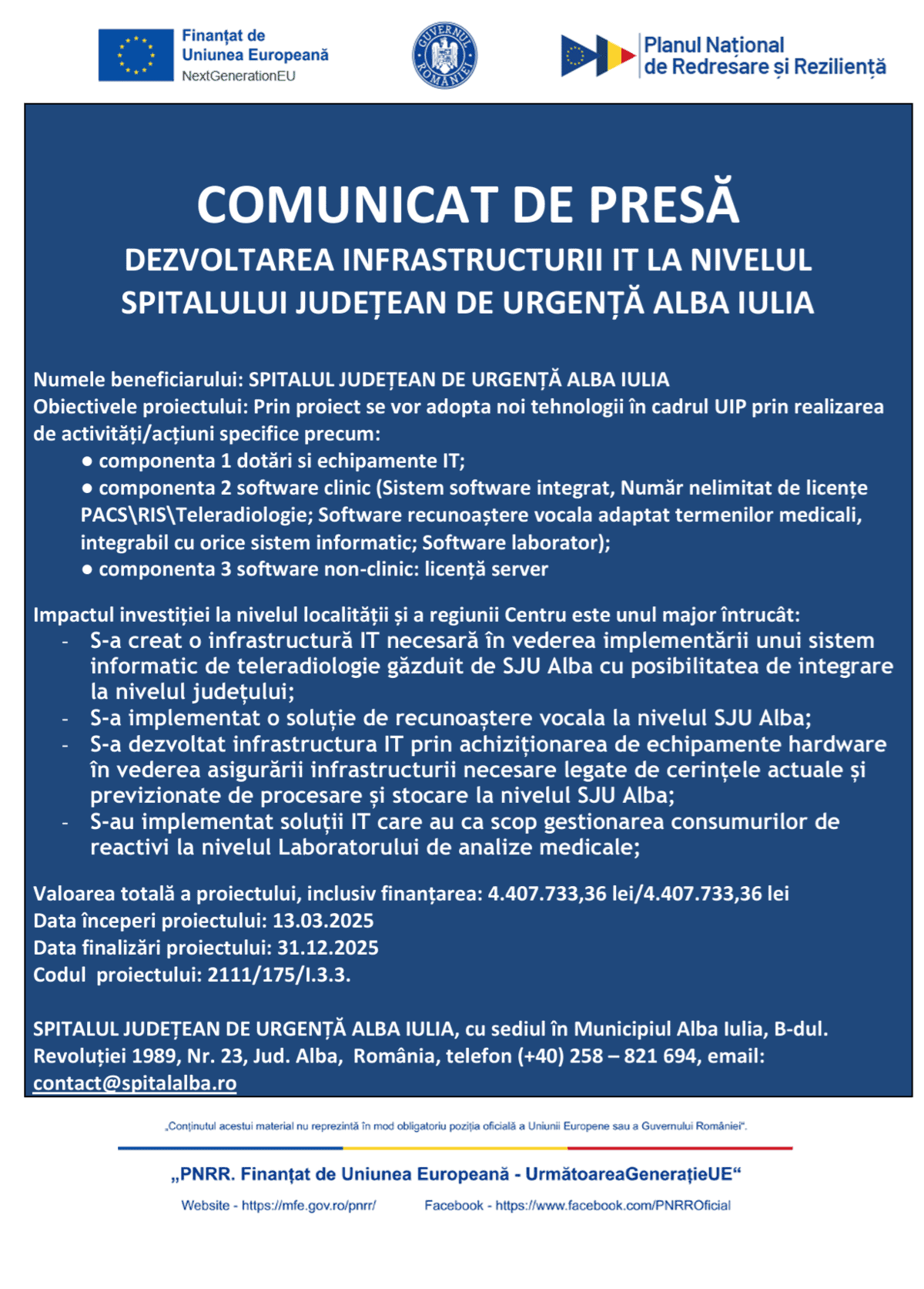 Comunicat finalizare proiect Spitalul Judetean de Urgenta Alba
