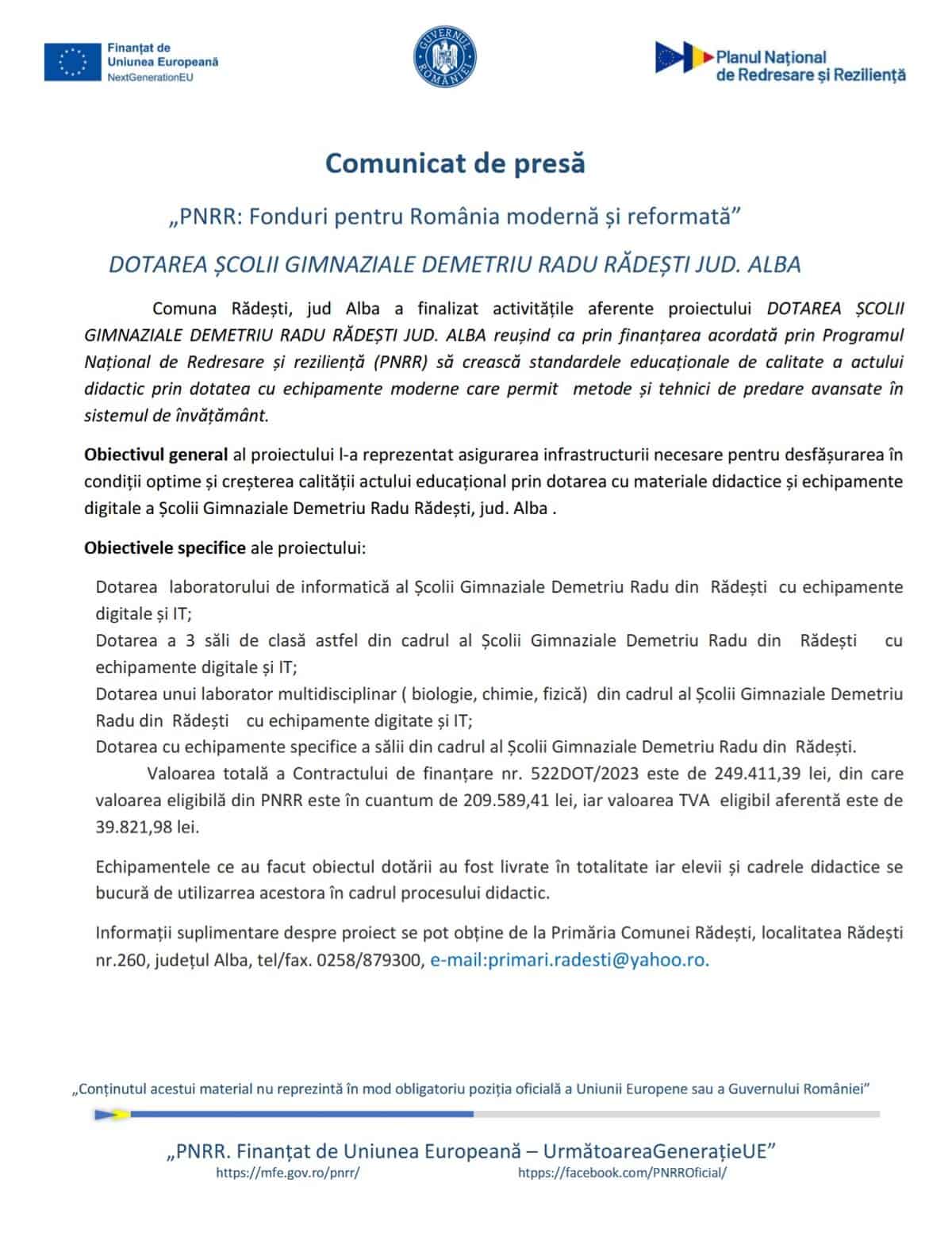 comunicat de presa finalizare proiect comuna Radesti