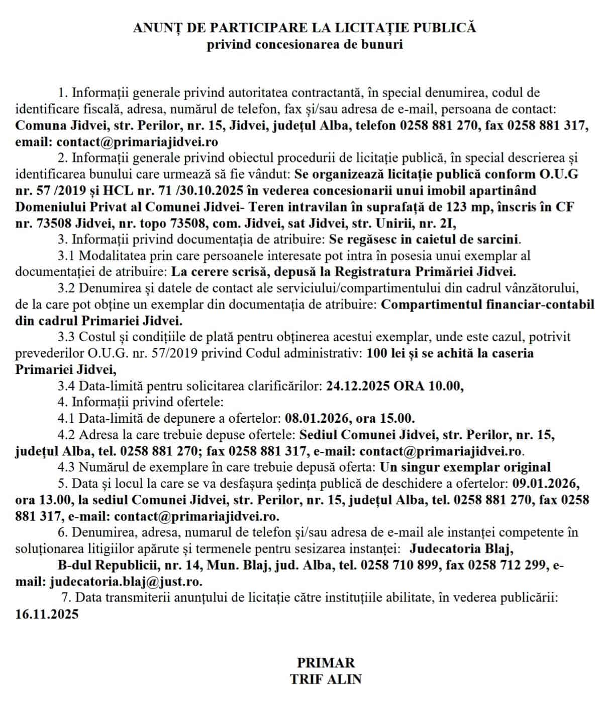 anunt primaria jidvei licitatie