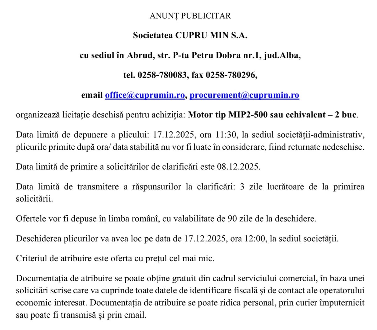 anunt publicitar cupru min sa abrud 03.12.2025