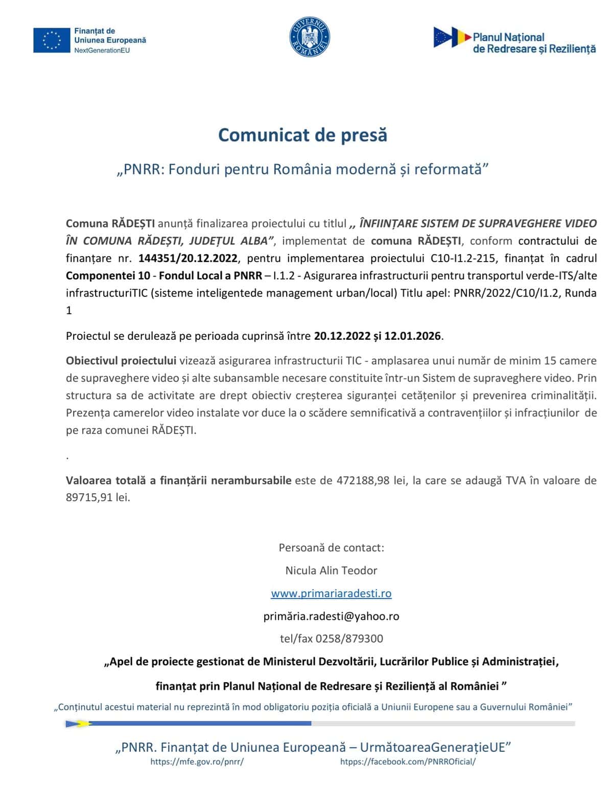 Comunicat finalizare proiect comuna Radesti