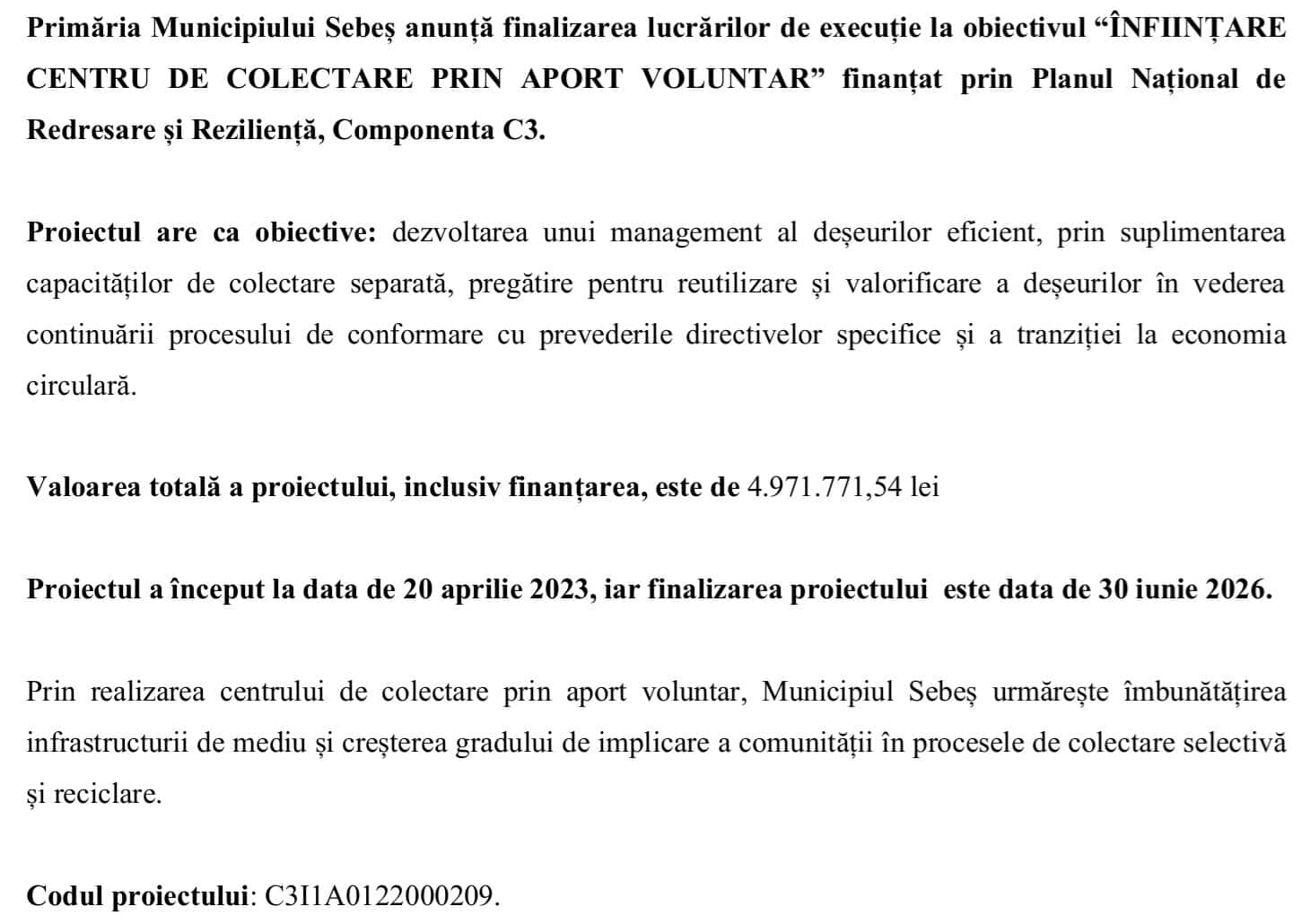 municipiul sebes - comunicat centru de colectare prin aport voluntar