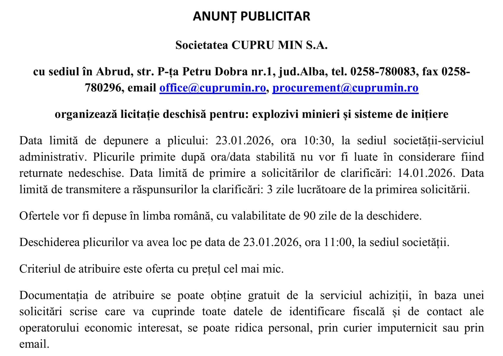 anunt cupru min sa licitatie 09.01.2025