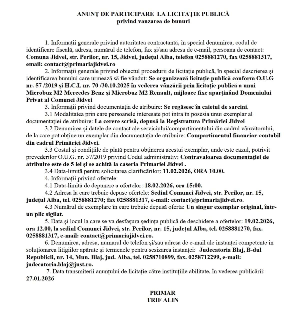 anunt licitatie comuna jidvei vanzare autiturisme