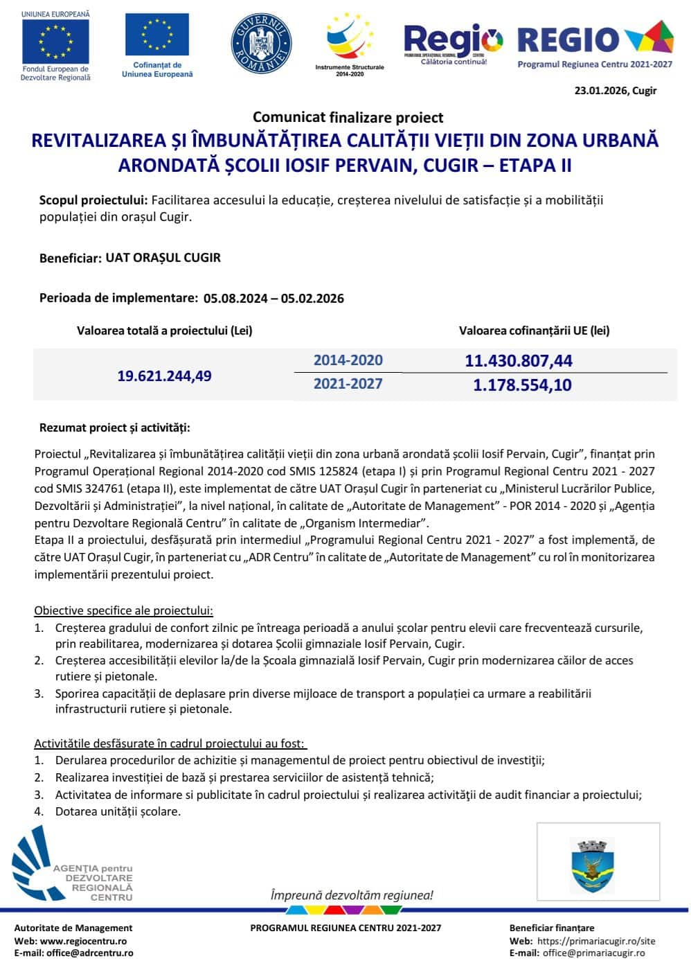 COMUNICAT UAT CUGIR - finalizare proiect