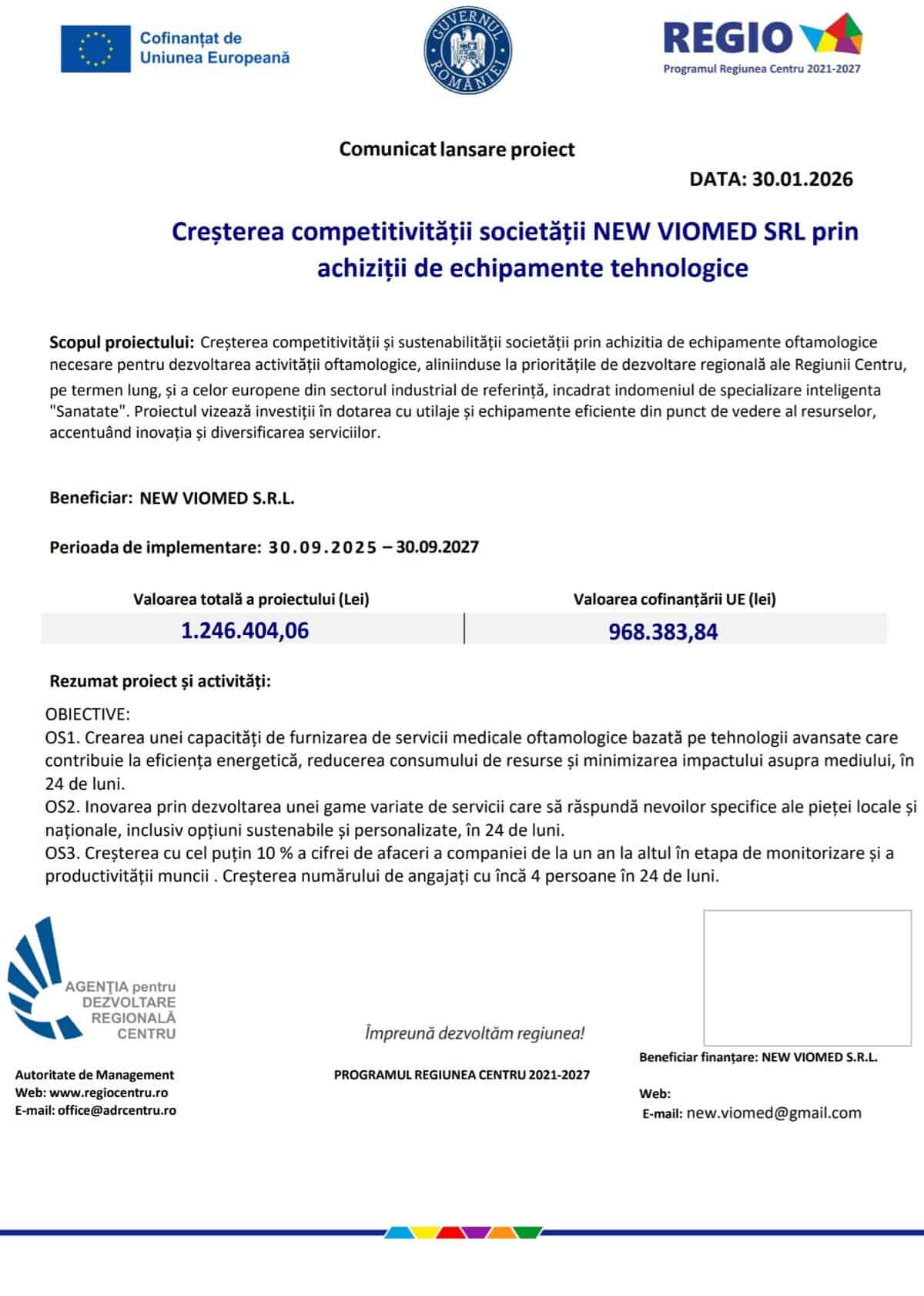 comunicat lansare proiect NEW VIOMED