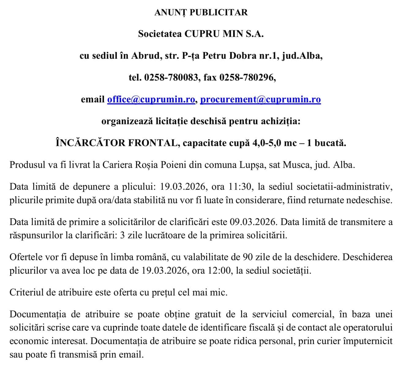 CUPRU MIN SA ABRUD licitatie