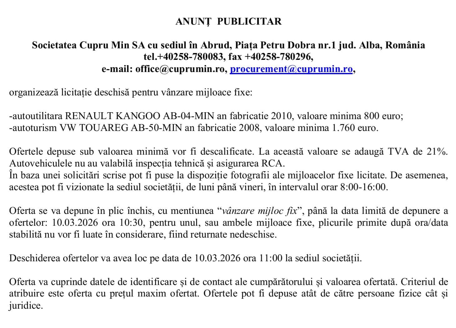 Cupru Min SA Abrud anunt licitatie