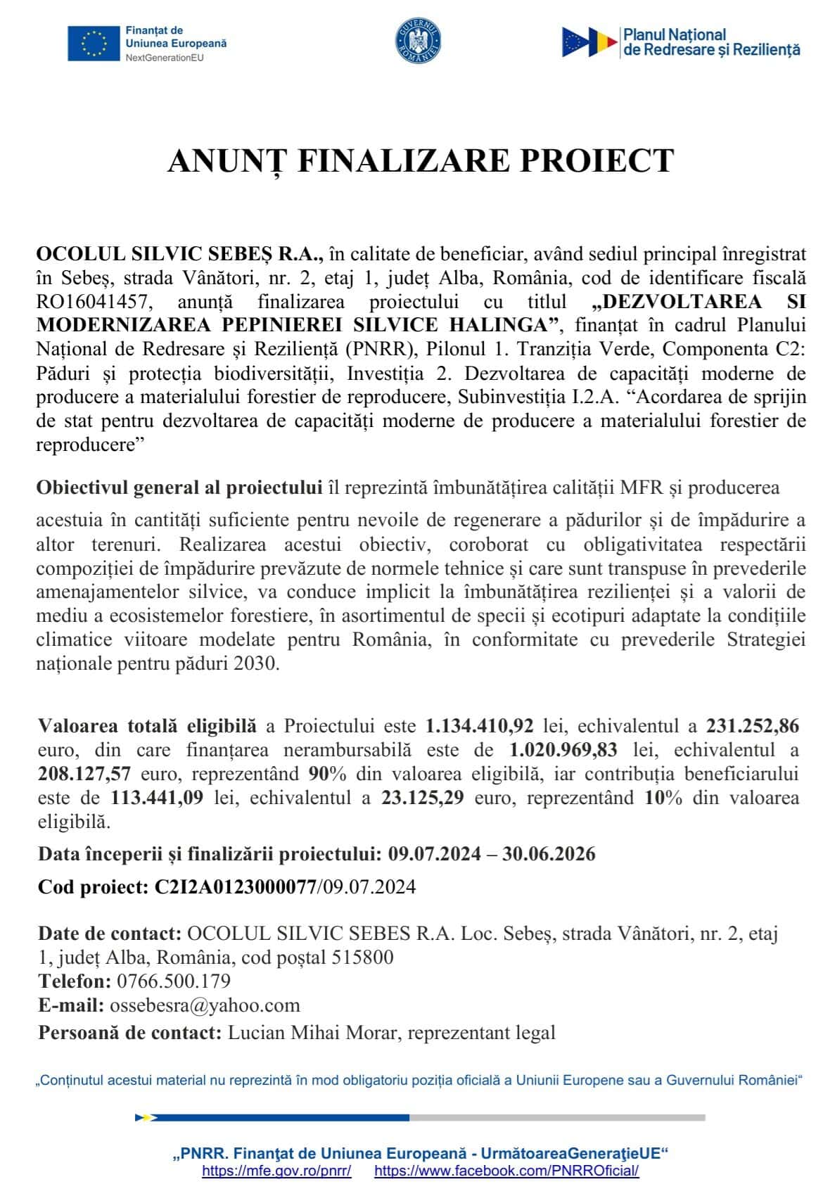 Ocolul Silvic Sebes anunt finalizare proiect