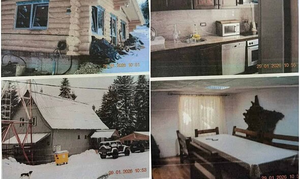 Clădire construită ilegal pe teren militar în Munții Apuseni, înconjurată de zăpadă, cu interior mod.