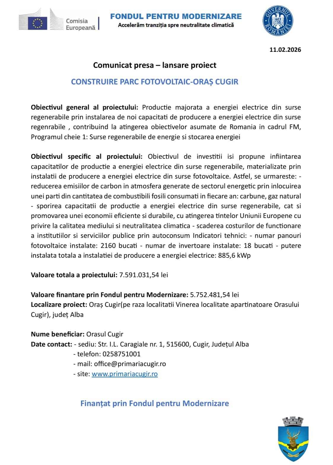 comunicat lansare proiect Cugir