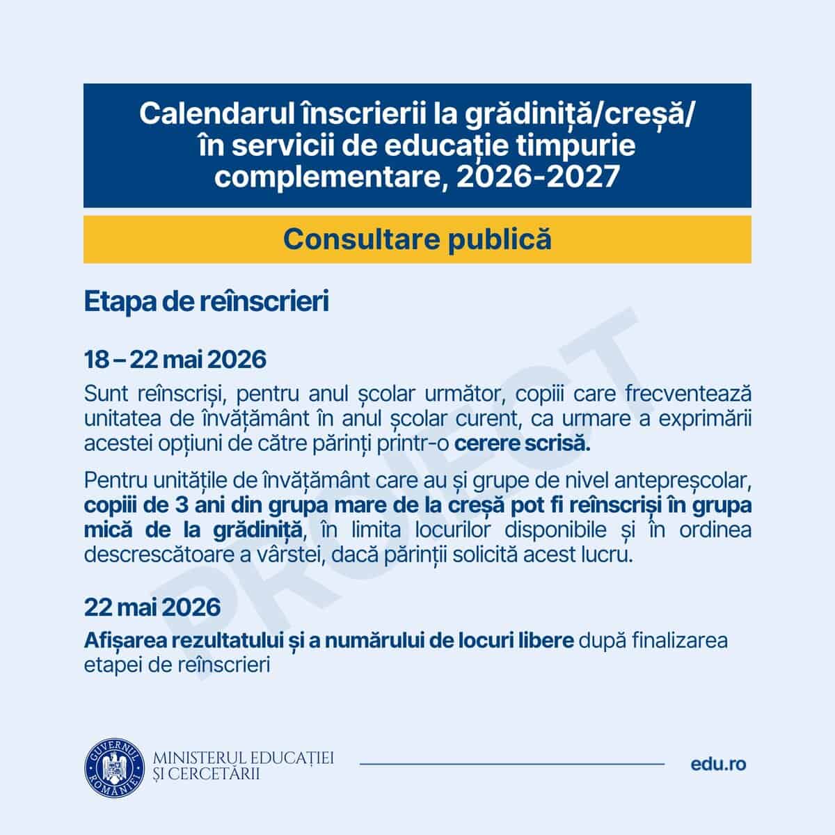 Înscrieri la creșă și grădiniță în 2026, cu calendarul și condițiile de înscriere, anunțate de Minis.