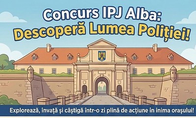 Imagine cu intrarea în Piața Cetății din Alba Iulia, decorată pentru evenimentul poliției.