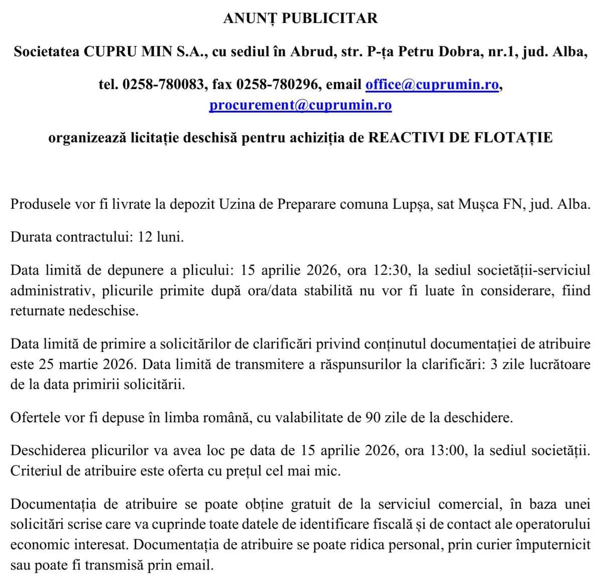 anunt cupru min sa abrud licitatie