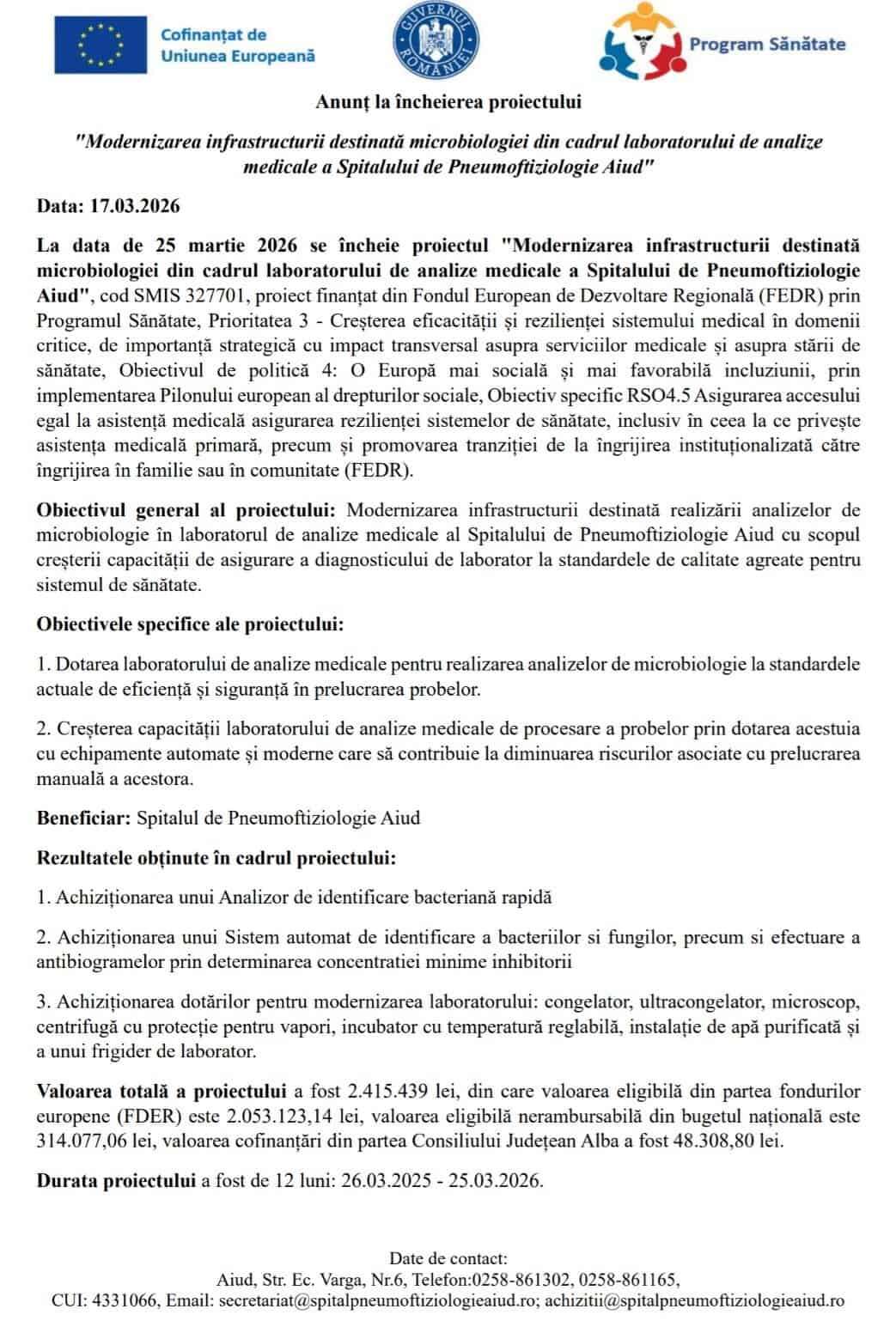 ANUNT FINALIZARE PROIECT spital aiud