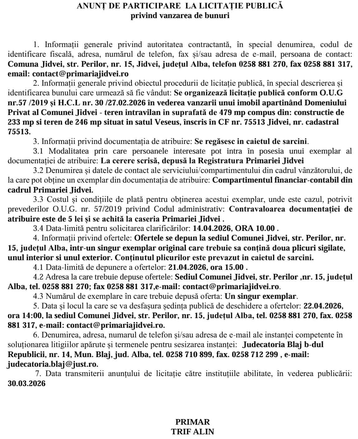 anunt primaria jidvei licitatie vanzare de bunuri