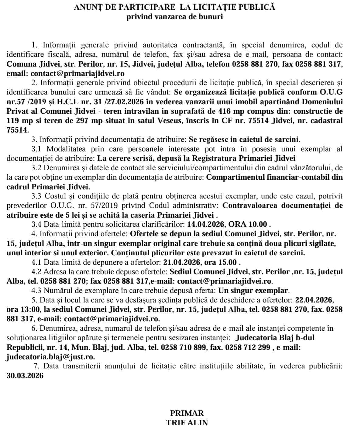 anunt licitatie comuna jidvei vanzare