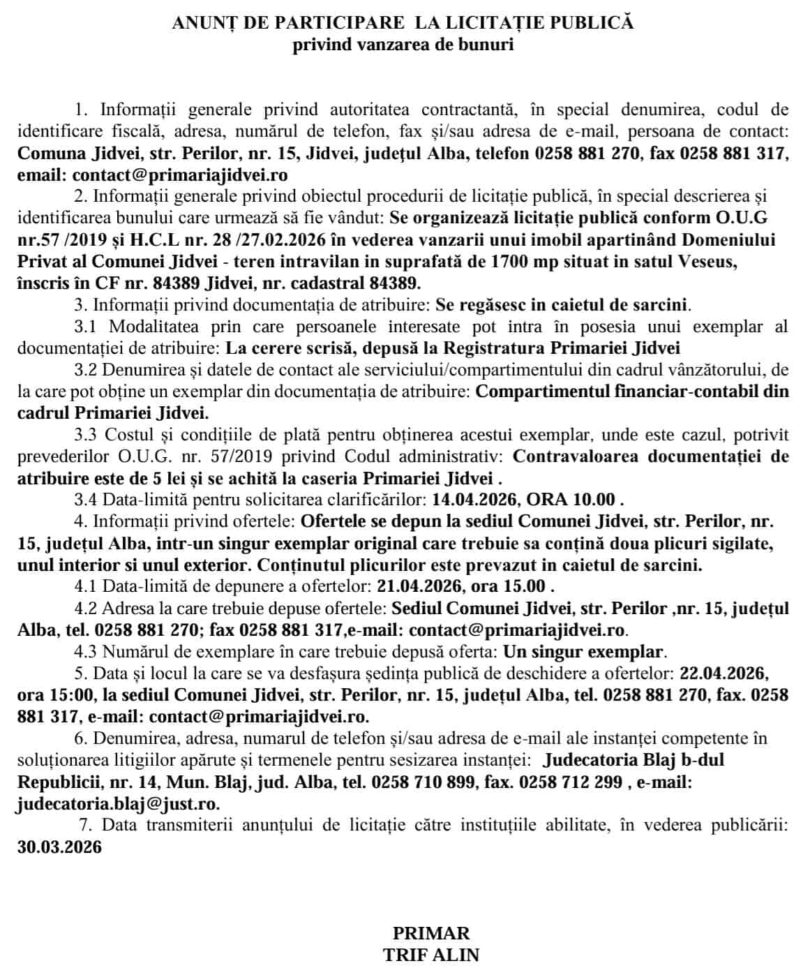 COMUNA JIDVEI ANUNȚ LICITATIE