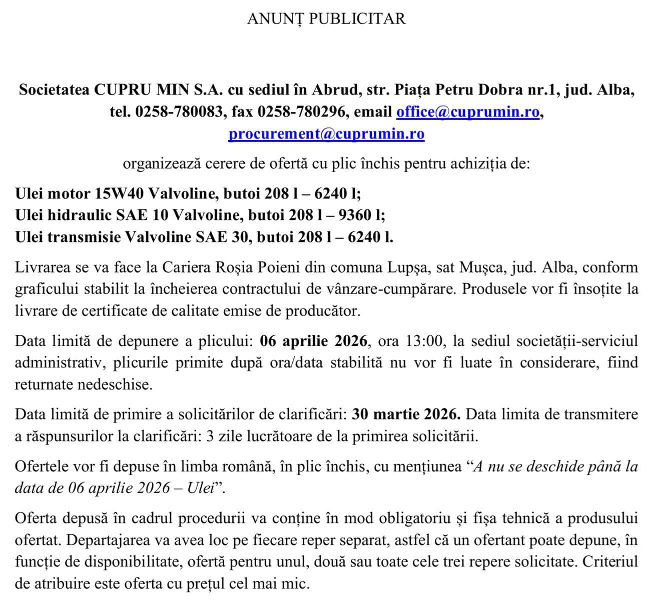 CUPRU MIN SA ABRUD anunt cerere de oferta