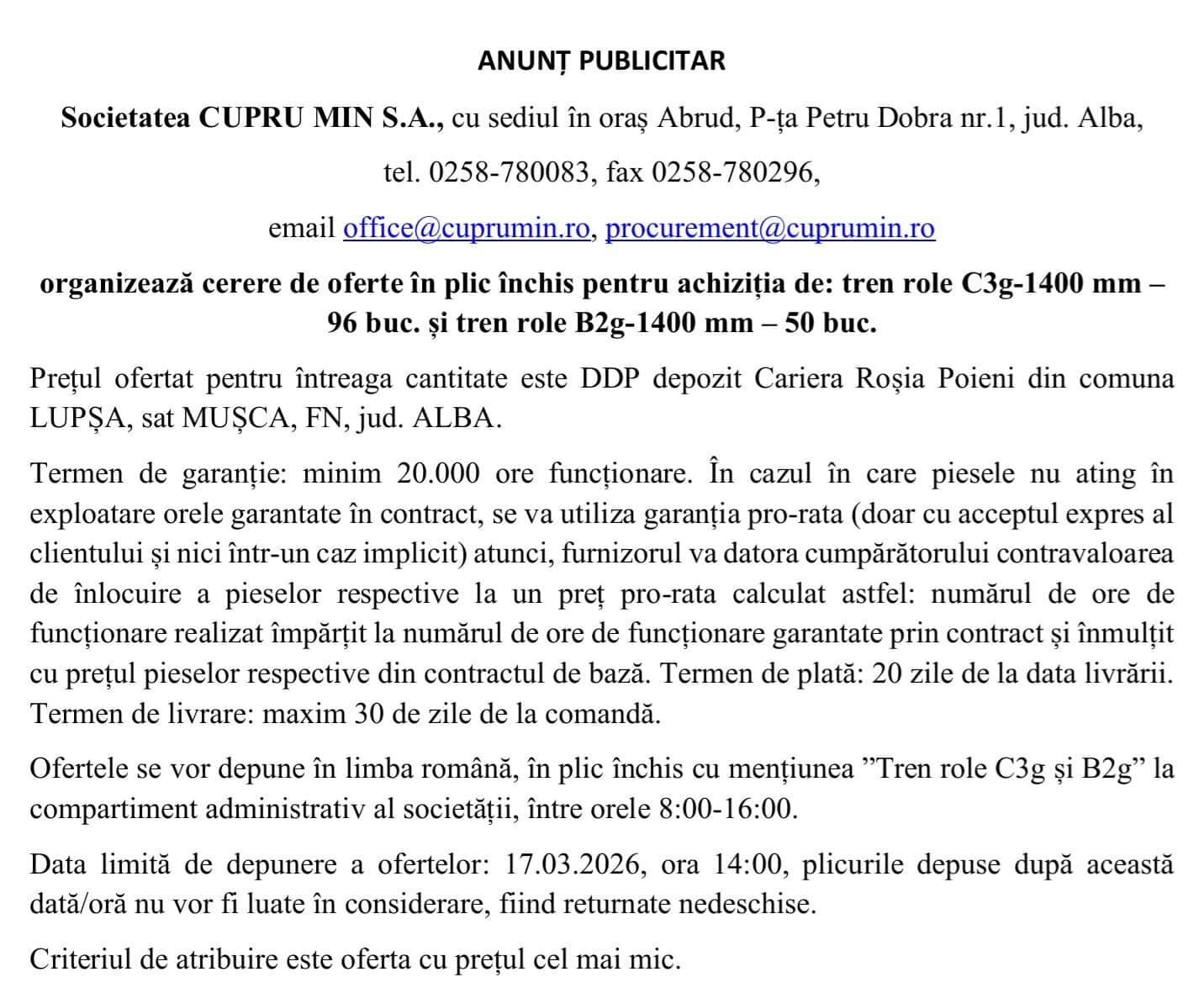 anunt publicitar cupru min sa abrud cerere de oferta