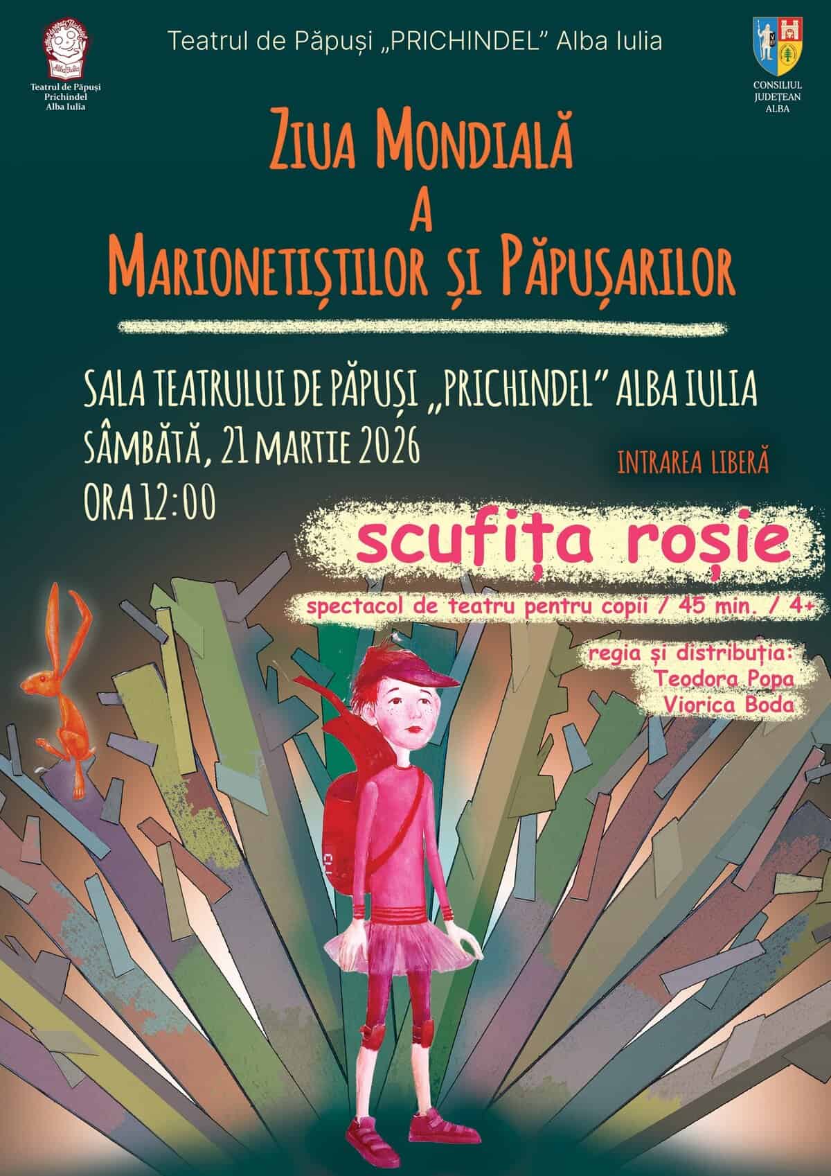 Spectacol de Ziua Mondială a Marionetiștilor și Păpușarilor, pentru copii, în Alba Iulia, pe 21 mart.