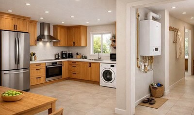 Echipament electrocasnic în bucătărie, inclusiv mașină de spălat, frigider și cuptor, consumând ener.