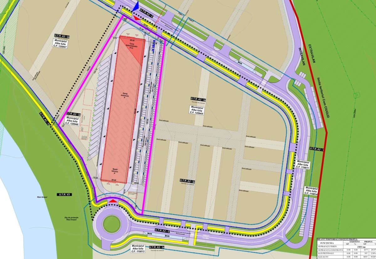 Harta locației viitoarei autobaze din Alba Iulia, cu indicatoare și trasee de circulație.