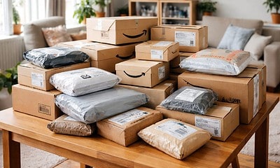 Cutie cu colete pentru retururi și livrări online, pregătite pentru expediere.