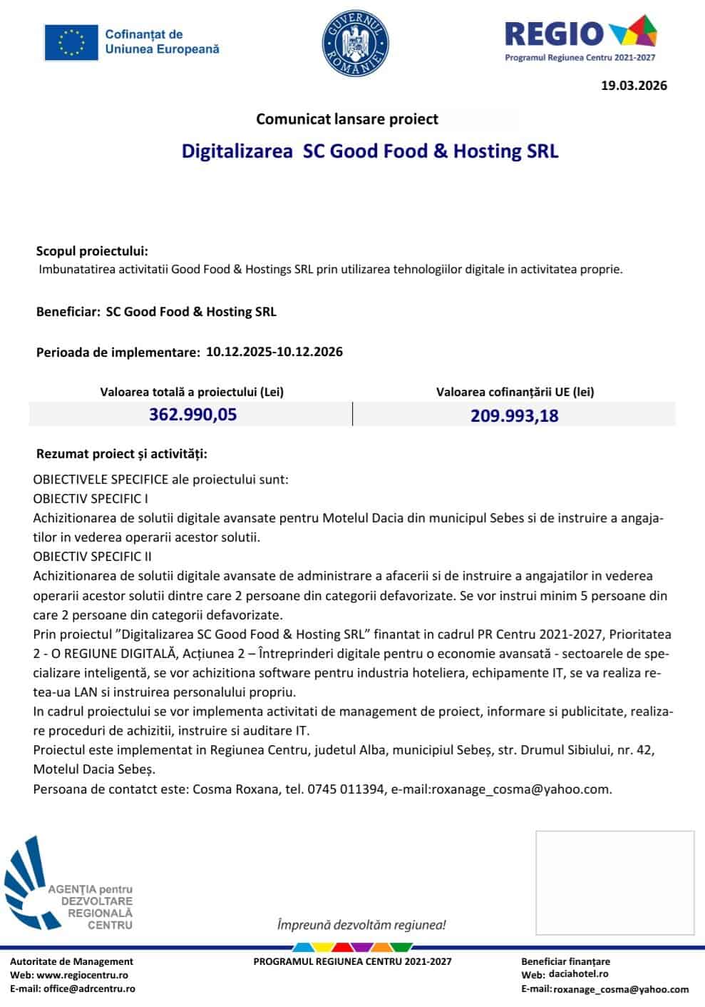 comunicat lansare proiect SC Good Food & Hosting SRL
