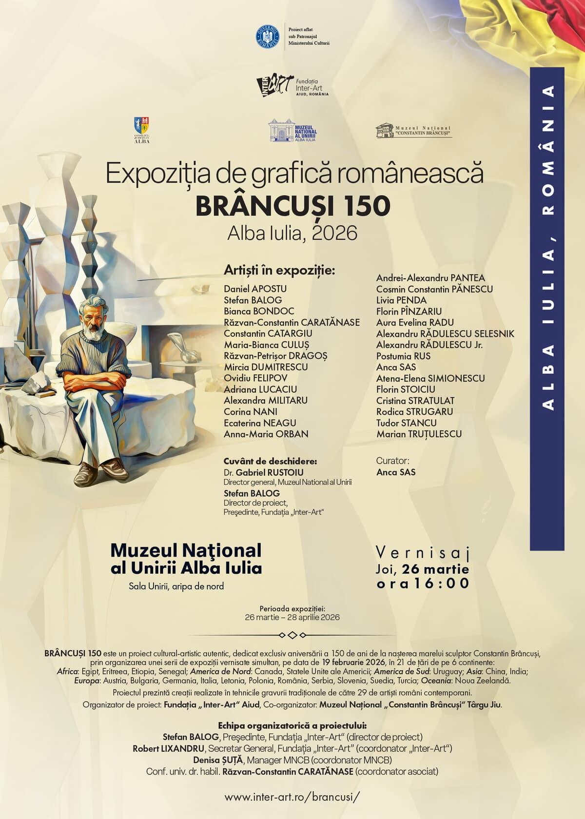 Afiș pentru expoziția de grafică românească „Brâncuși 150” la Alba Iulia, 2026.