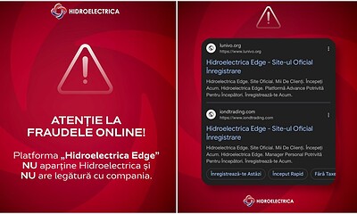 Avertisment fraude online cu numele Hidroelectrica pe platforma Hidroelectrica Edge.
