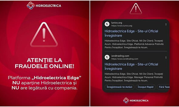 Avertisment fraude online cu numele Hidroelectrica pe platforma Hidroelectrica Edge.