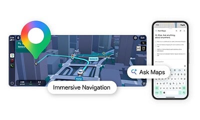 Imagine cu navigare imersivă Google Maps și funcții AI pentru o experiență de navigație avansată.