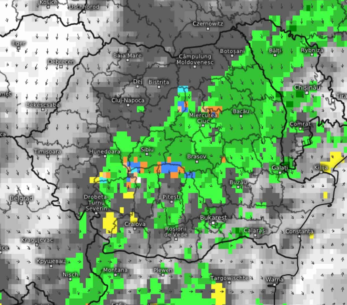 Harta precipitațiilor și vântului în Transilvania în timpul ciclonului mediteranean.