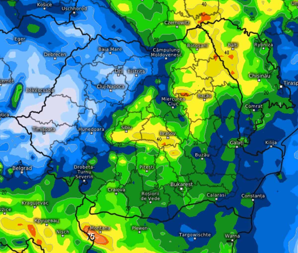 Harta precipitațiilor și vântului din 2 aprilie în România.