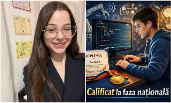 Elevă zâmbitoare cu diplome și medalii pentru performanțe naționale la olimpiadele de informatică și.