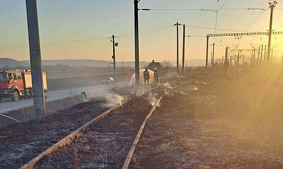 Incendiu de vegetație uscată lângă șinele de tren din Războieni Cetate. Flăcări și fum în zonă, inte.