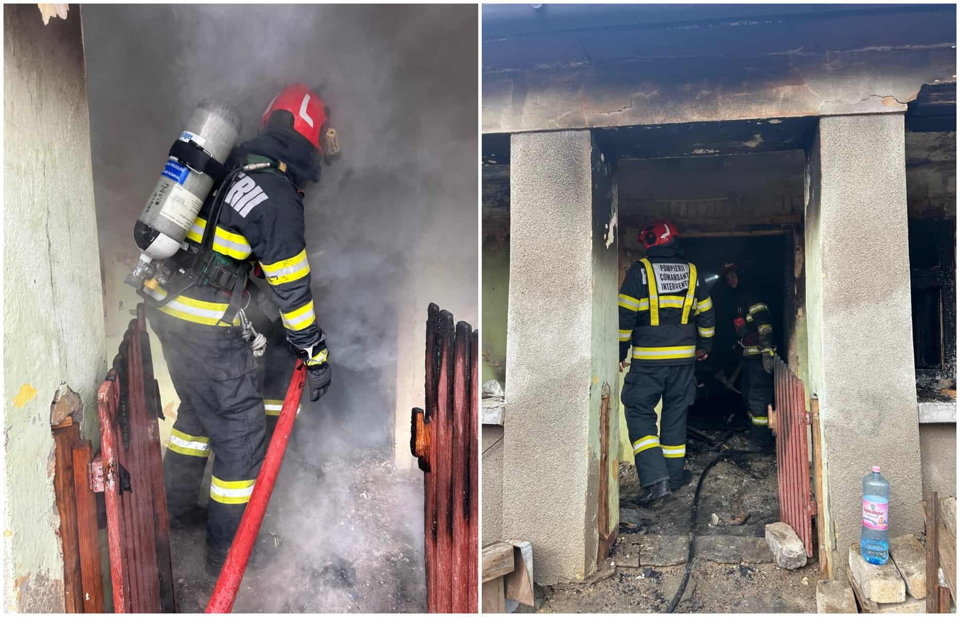 Pompieri stingând focul într-o locuință din Băgău, Lopadea Nouă.