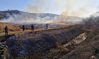 Imagine cu foc de vegetație în Alba, cu pompieri și localnici intervenind pentru stingere.