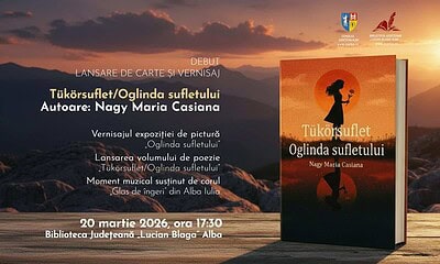 Imaginea unei cărți cu titlul "Tükörsuflet/Oglinda sufletului" la evenimentul de lansare.