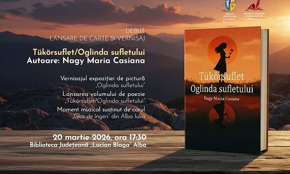 Imaginea unei cărți cu titlul "Tükörsuflet/Oglinda sufletului" la evenimentul de lansare.