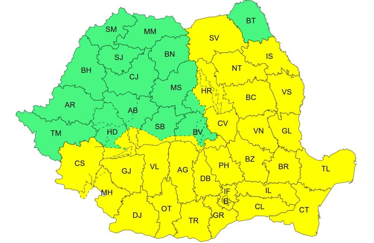 Cod Galben de ploi, ninsori și vânt puternic în Alba și alte județe din țară.